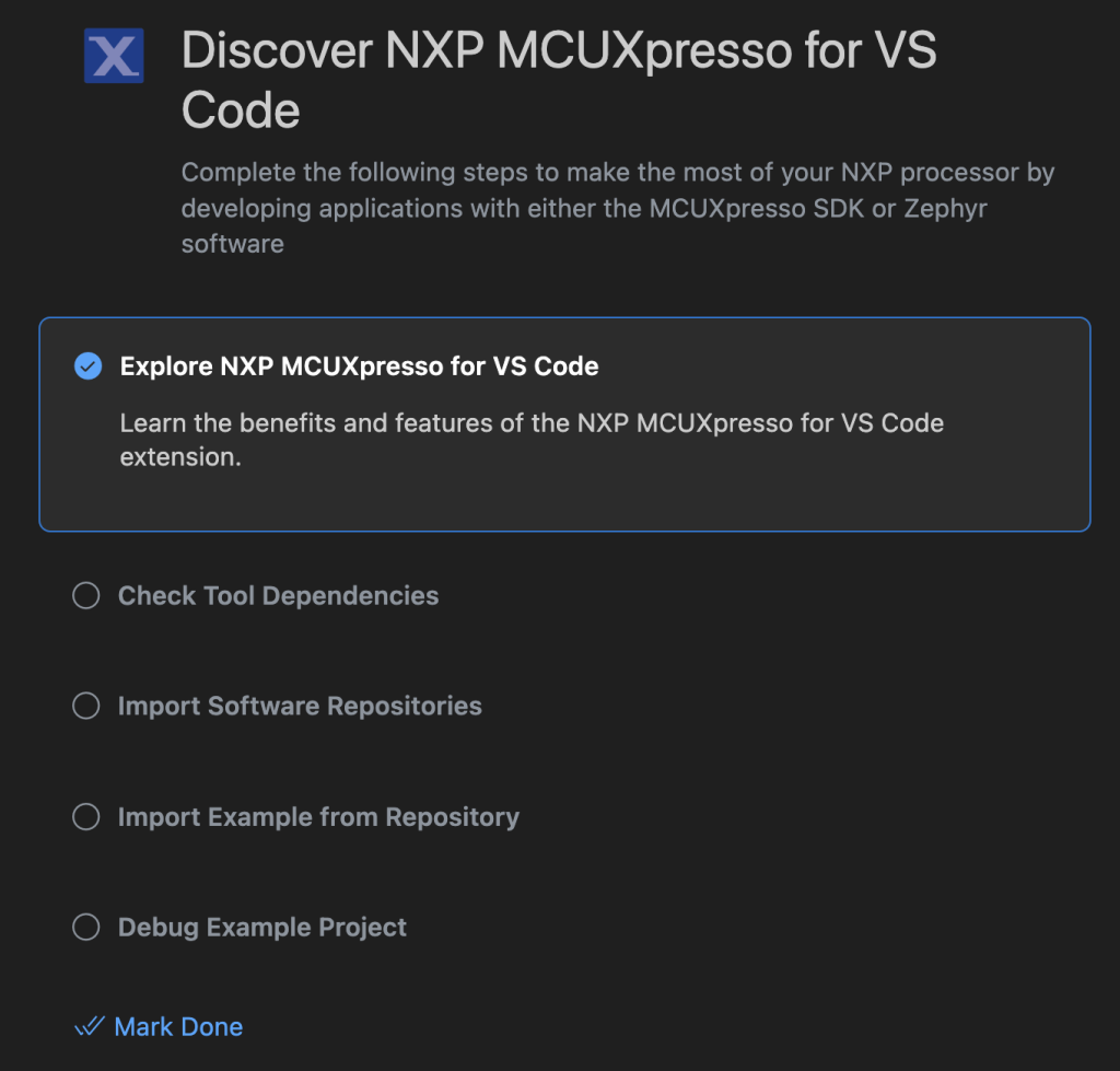 Screenshot detailing the steps to get started with the NXP MCUXpresso for VS Code extension