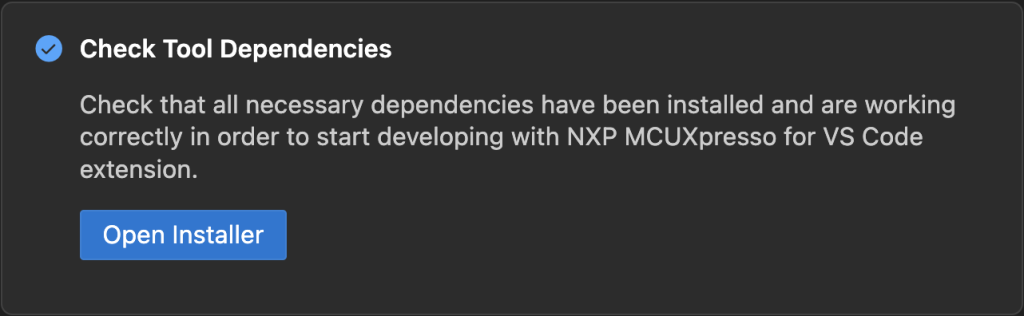 Screenshot detailing installing the dependencies for the NXP MCUXpresso for VS Code extension