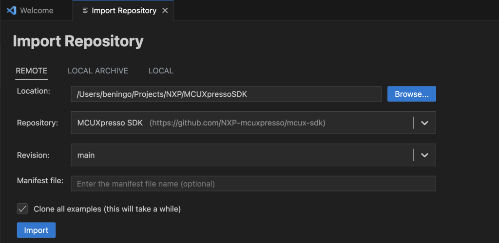 Importing the MCUXpresso SDK repository into Visual Studio Code