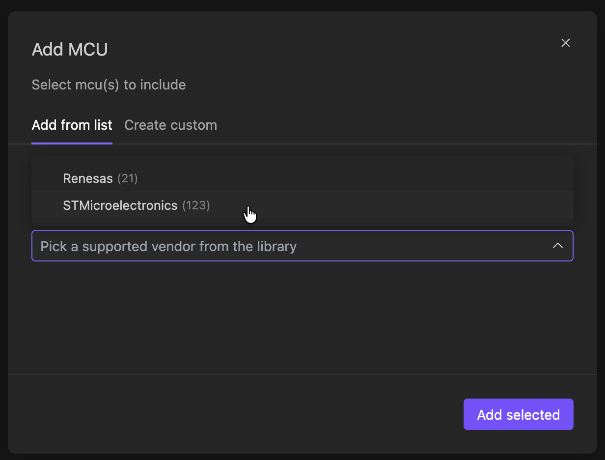 Embedd.it Add MCU dialog showing Renesas and STMicroelectronics vendor families for Zephyr RTOS Devicetree configuration