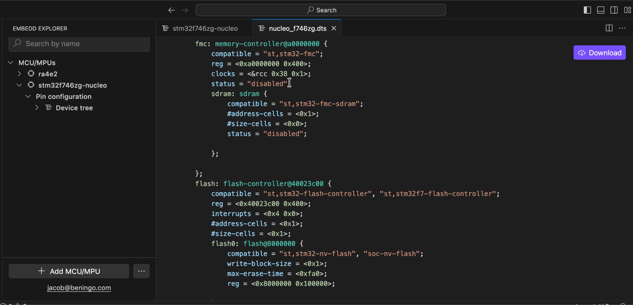 Embedd.it generated Devicetree source code output for Zephyr RTOS MCU configuration