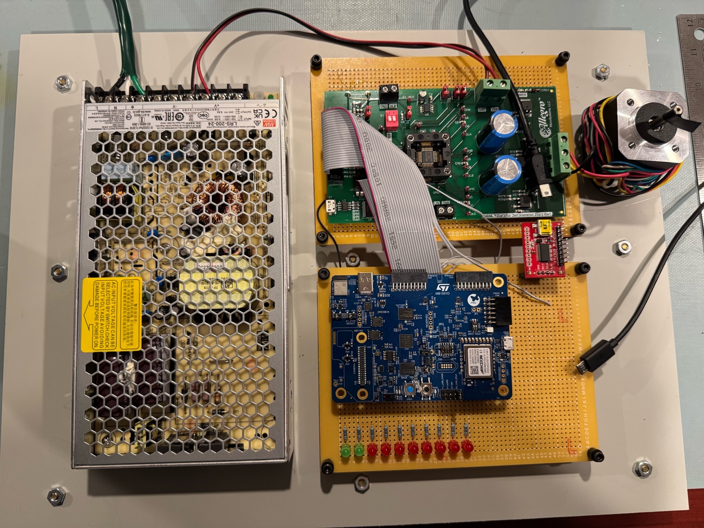 Hardware demo board with STM microcontroller, BLDC motor, and LED thrusters for the Embedded World 2026 Zephyr propulsion demo