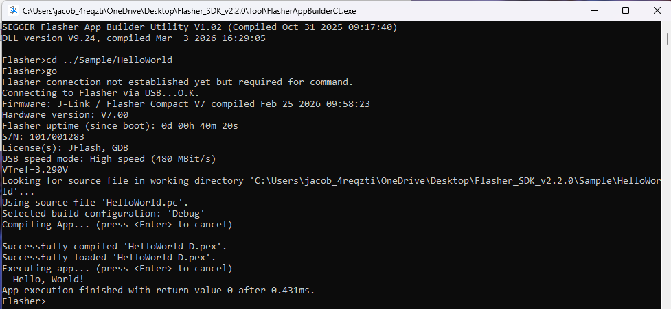 SEGGER Flasher App Builder terminal showing the go command compiling and running HelloWorld, printing Hello, World!