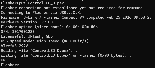 Flasher App Builder terminal showing the put command uploading ControlLED_D.pex to the Flasher internal filesystem