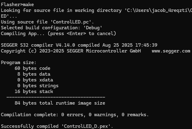 Flasher App Builder terminal showing the make command compiling ControlLED with program size totalling 84 bytes runtime image size