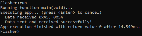 Flasher App Builder terminal showing ControlTIF running with a loopback jumper, successfully receiving 0xA5 and 0x5A and confirming Data sent and received successfully