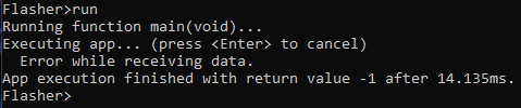 Flasher App Builder terminal showing ControlTIF running without a loopback jumper, returning error while receiving data