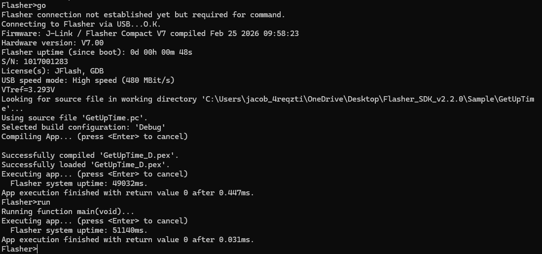 Flasher App Builder terminal showing GetUpTime with go at 49032ms uptime, then run re-executing at 51140ms — demonstrating the difference between the two commands