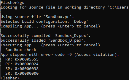 Flasher App Builder terminal showing the Sandbox app triggering an access violation at address 0x5555, with the S32 virtual CPU halting the app and dumping register state