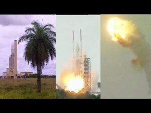 Ariane 5 Flight 501 on the pad, mid-launch, and during the breakup