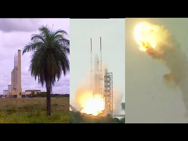 Ariane 5 Flight 501 on the pad, mid-launch, and during the breakup