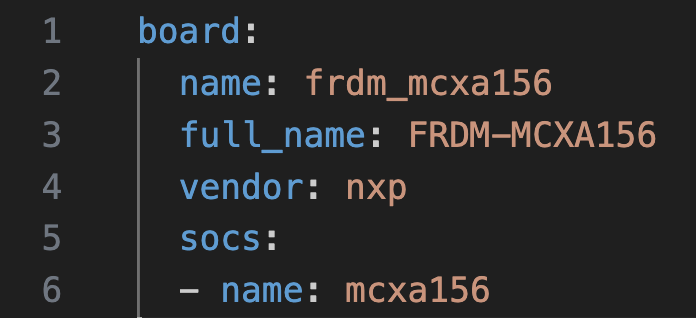 Zephyr frdm_mcxa156 board.yml file declaring the board name, full name, vendor nxp, and the mcxa156 SoC under the socs key