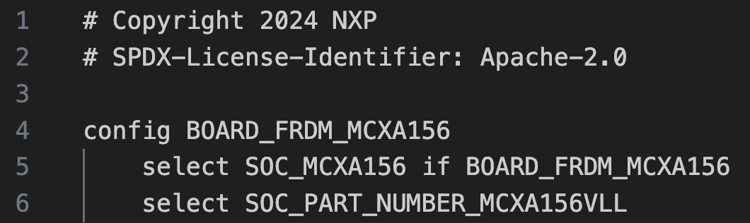 Zephyr frdm_mcxa156 Kconfig.board file with a config BOARD_FRDM_MCXA156 block that selects SOC_MCXA156 and the SOC_PART_NUMBER_MCXA156VLL part number