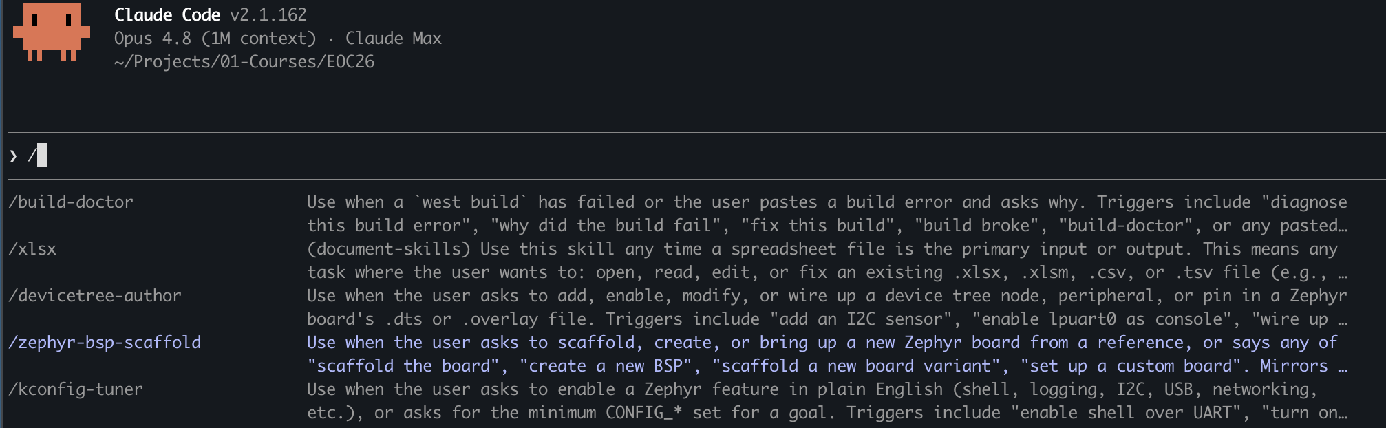 Claude Code terminal showing the zephyr-bsp-scaffold skill invoked with a target board name and a reference path