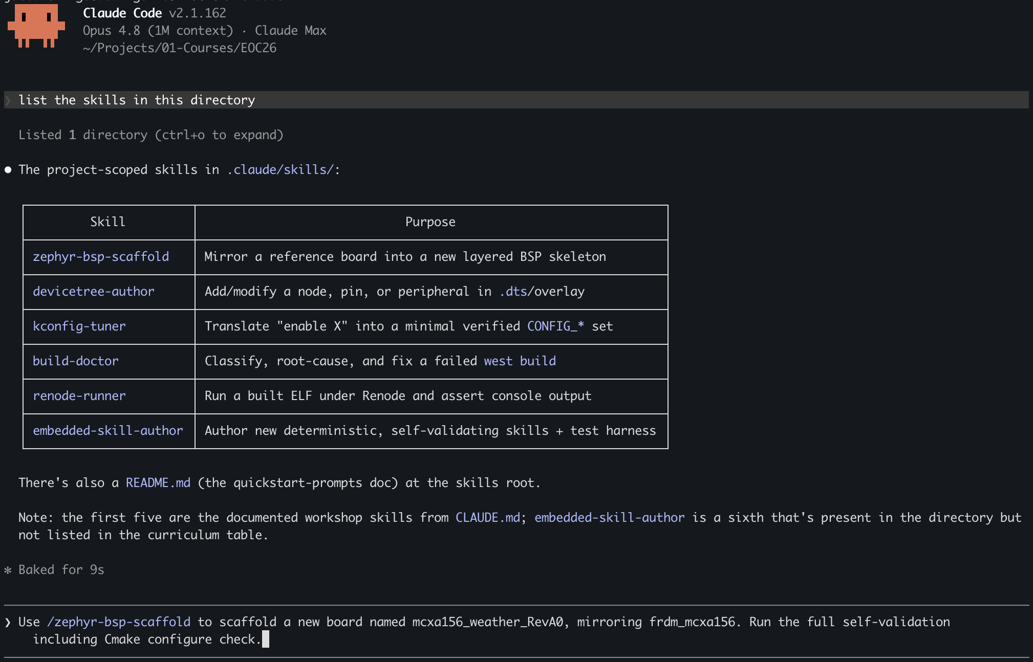A simple prompt that calls out the zephyr-bsp-scaffold skill so the AI can run off and create a new Zephyr custom board