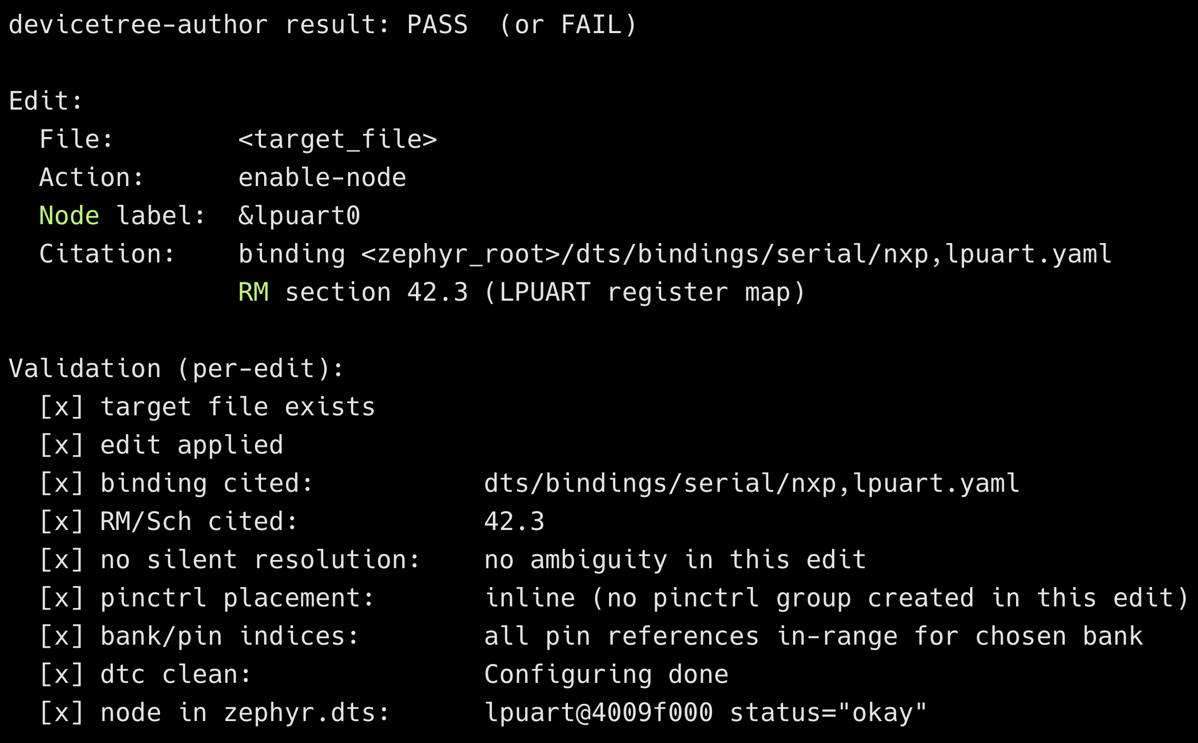 Terminal output from the devicetree-author AI skill showing the edit summary, binding citation, RM citation, and validation checks