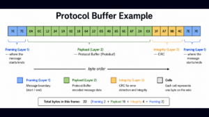 Four-layer wire layout for embedded serial communication with Protobuf: framing, payload, integrity