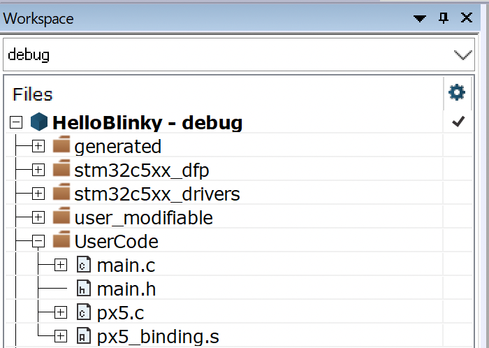 IAR Embedded Workbench project tree with PX5 scheduler source files px5.c and px5_binding.S added