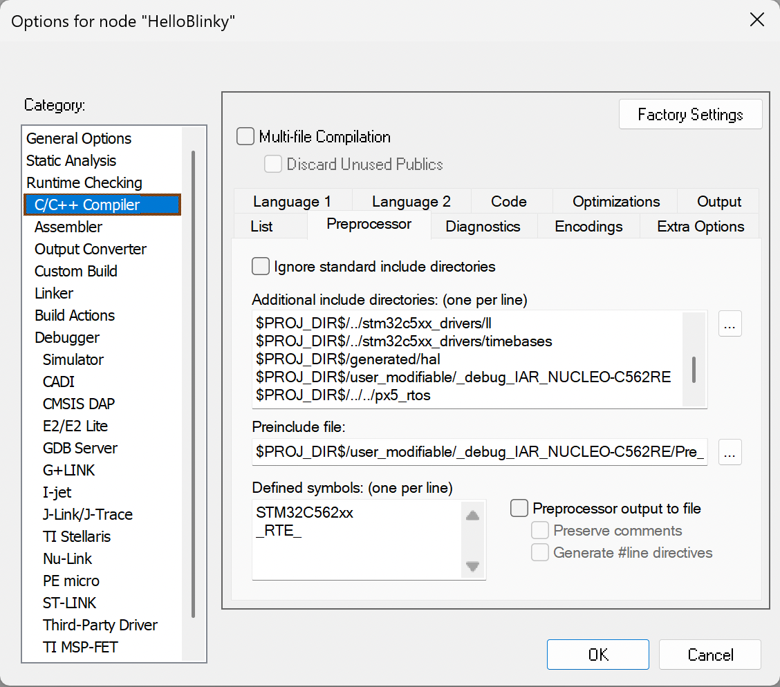 IAR Embedded Workbench C/C++ Compiler Preprocessor tab with the PX5 include path added
