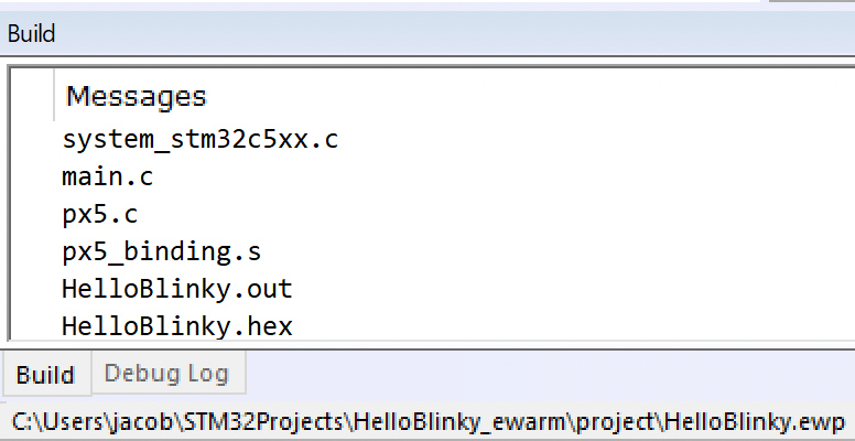 IAR Embedded Workbench build output showing PX5 RTOS source files compiling successfully alongside the application