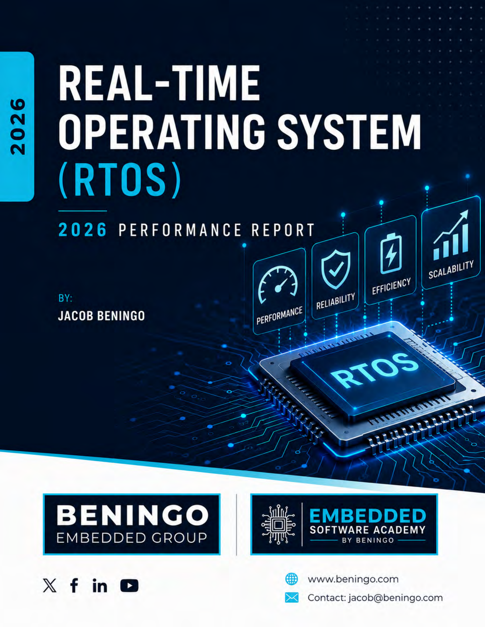 2026 RTOS benchmark study cover showing the Real-Time Operating System 2026 Performance Report by Jacob Beningo