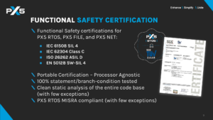 PX5 RTOS functional safety certification summary slide listing IEC 61508 SIL 4, ISO 26262 ASIL D, IEC 62304 Class C, and EN 50128 SW-SIL 4 coverage across PX5 RTOS, PX5 FILE, and PX5 NET