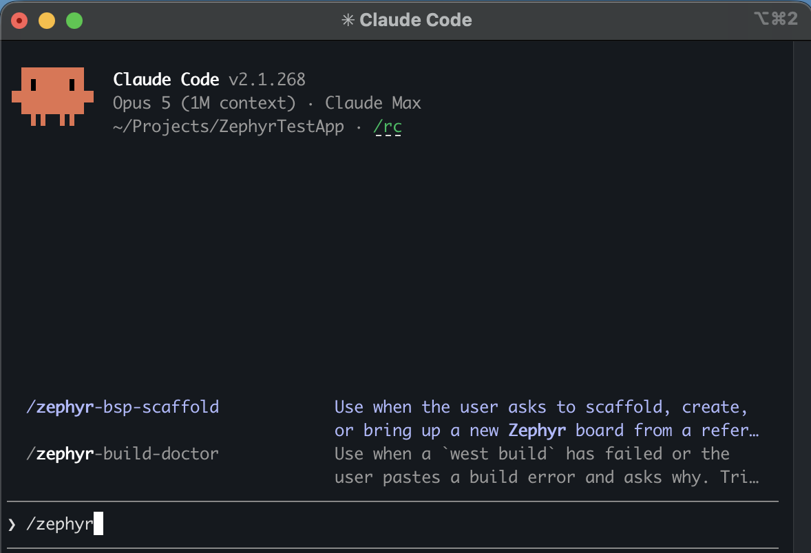 Claude Code terminal showing Zephyr AI skills loaded, including zephyr-bsp-scaffold and zephyr-build-doctor commands