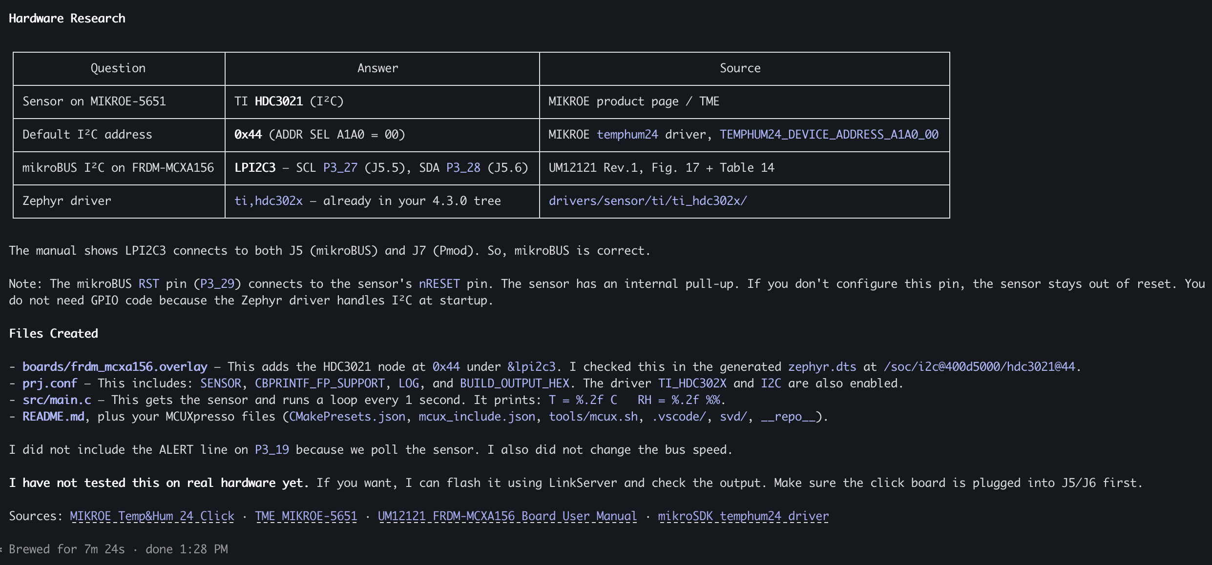 Claude Code output showing hardware research for the MIKROE Temp&Hum 24 Click including sensor part number, I2C address, bus pins, and the Zephyr driver