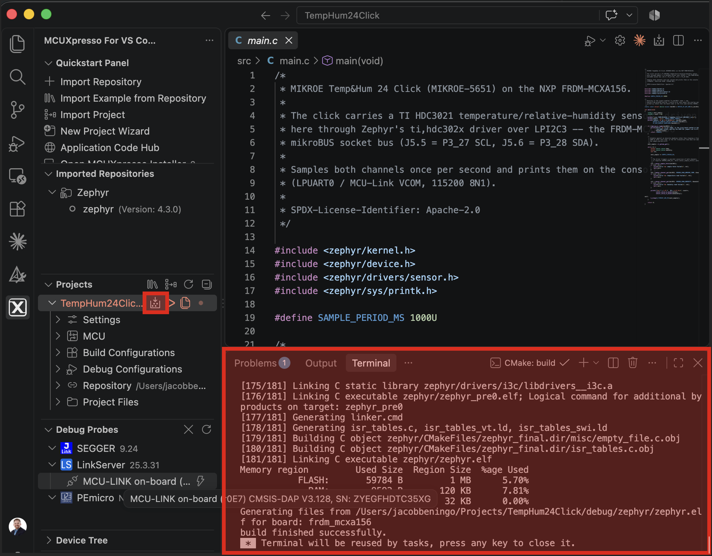 MCUXpresso for VS Code showing the TempHum24Click Zephyr project source and the CMake build output with the final zephyr.elf linked successfully