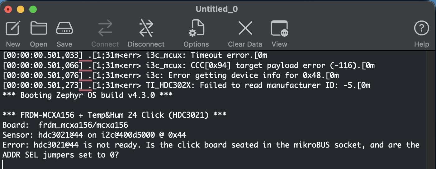 CoolTerm serial console showing I3C and I2C timeout errors and the HDC3021 driver failing to initialize when the Click board is seated backward