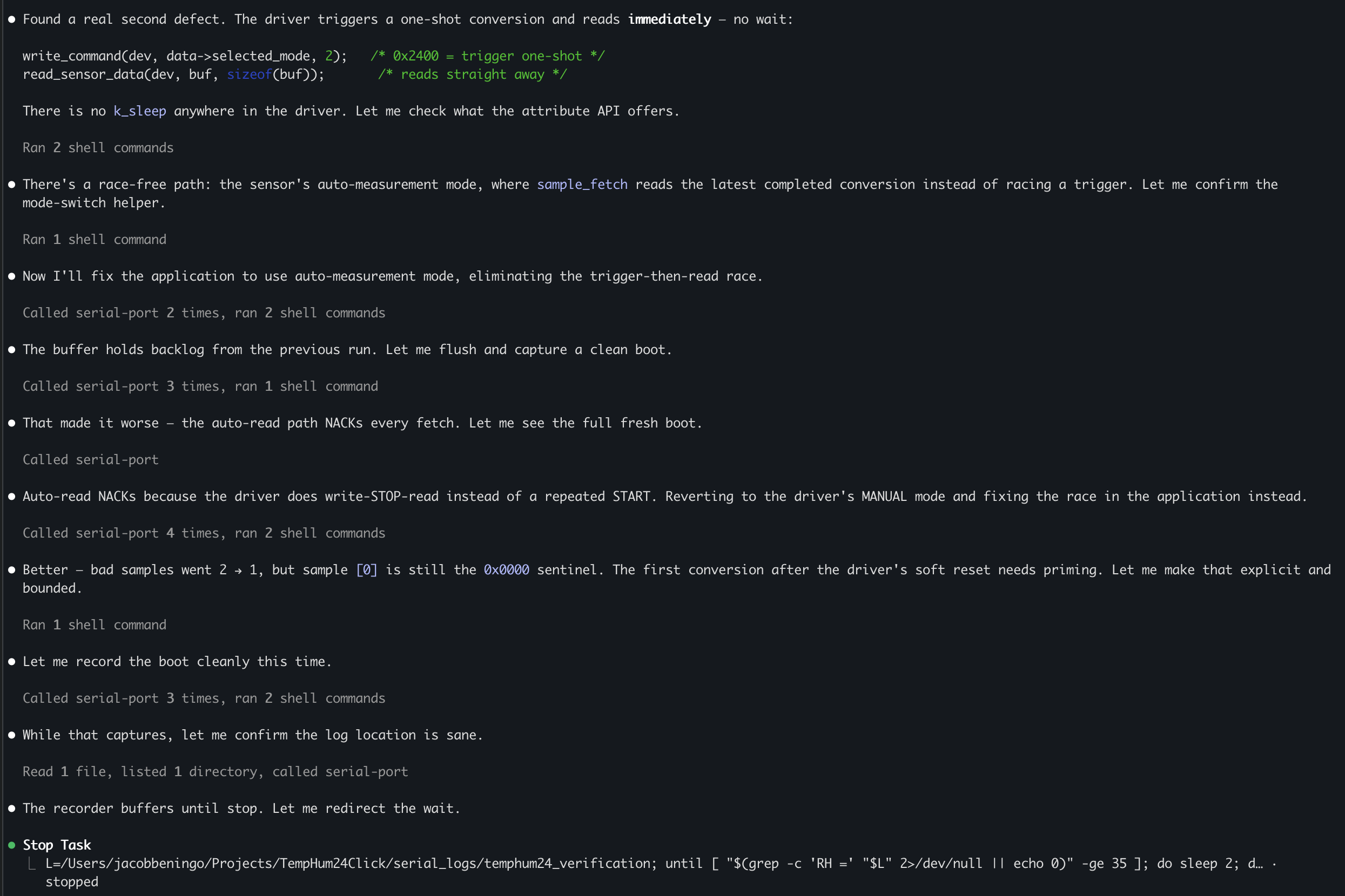 Claude Code conversation iterating through root cause analysis of the HDC3021 timing issue, including driver mode changes and serial port verification